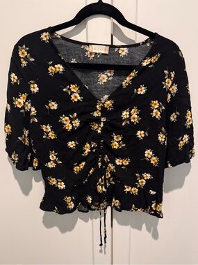 Altar'd State Black Floral Ruched Drawstring Crop Top